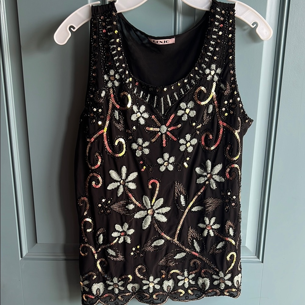 Embellished Black and Silver Tank Top with Scalloped Neckline